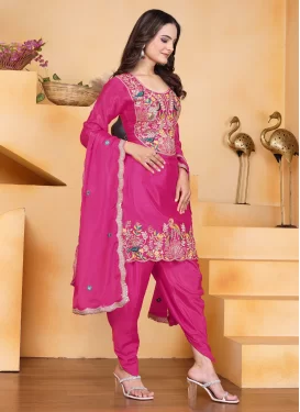Embroidered Work Chinon Readymade Salwar Suit in Rose Pink for Women