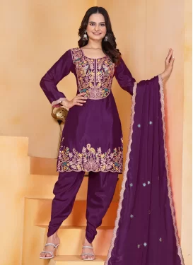 Chinon Embroidered Work Readymade Salwar Suit in Wine