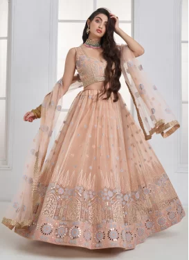 Net Embroidered Work Trendy Lehenga Choli in Peach