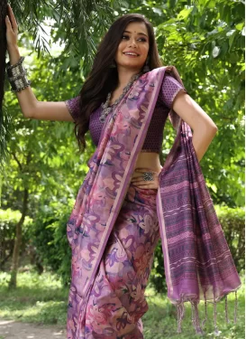 Tussar Silk Traditional Saree with Digital Print Work in Pink and Purple