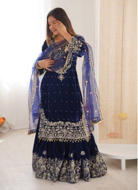 Velvet Sharara Suit with Beads Work for Festival in Navy Blue