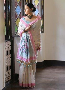 Cotton Traditional Saree in Beige and Turquoise with Woven Work for Women