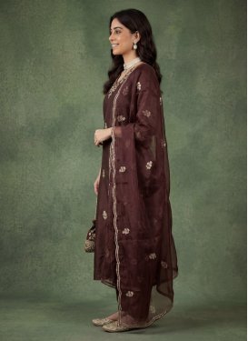 Embroidered Work Cotton Silk Readymade Salwar Suit in Coffee Brown for Women