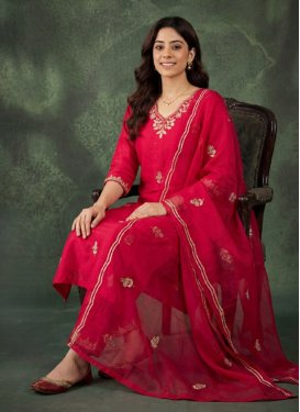 Embroidered Work Cotton Silk Readymade Salwar Suit in Red for Casual