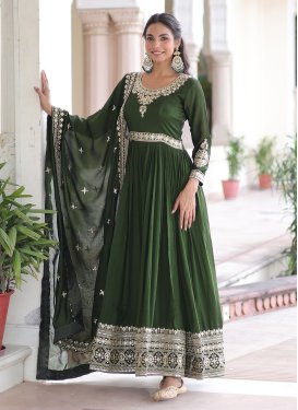 Vichitra Silk Designer Gown with Embroidered Work in Green for Festival