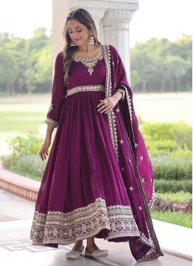 Vichitra Silk Designer Gown with Embroidered Work for Women in Purple