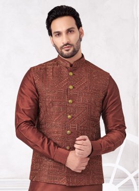 Embroidered Work Art Silk Kurta Pajama With Jacket in Rust for Festival