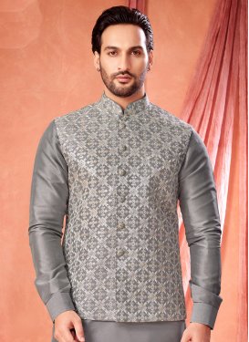 Embroidered Work Art Silk Kurta Pajama With Jacket in Grey for Men