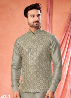 Art Silk Kurta Pajama With Jacket with Embroidered Work in Sea Green for Festival