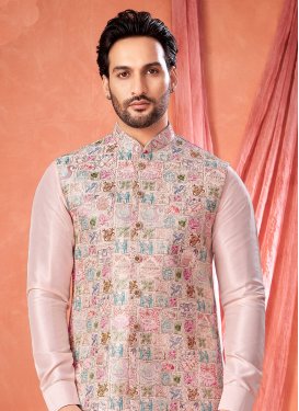 Art Silk Kurta Pajama With Jacket with Embroidered Work in Pink for Festival