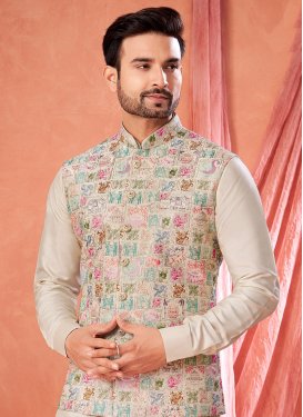 Art Silk Kurta Pajama With Jacket with Embroidered Work in Beige for Party