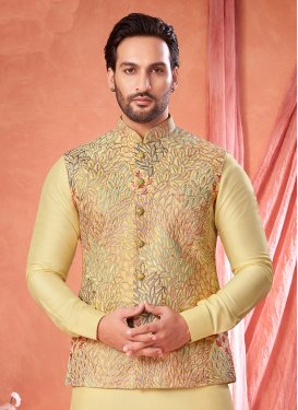 Art Silk Kurta Pajama With Jacket in Yellow with Embroidered Work for Festival