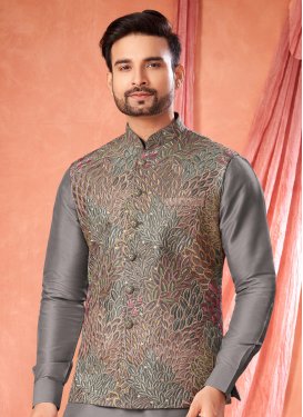 Embroidered Work Art Silk Kurta Pajama With Jacket in Grey for Men
