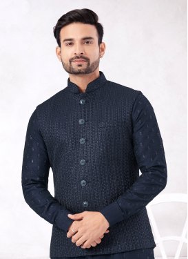 Navy Blue Art Silk Kurta Pajama With Jacket with Embroidered Work for Festival