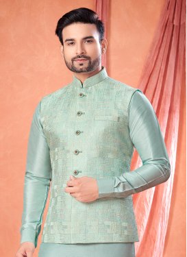 Woven Work Art Silk Kurta Pajama With Jacket in Aqua Blue for Festival
