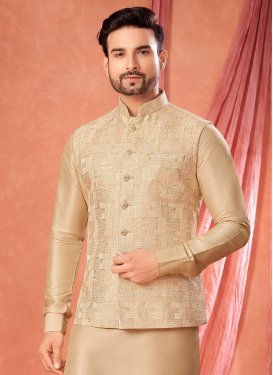 Art Silk Kurta Pajama With Jacket with Woven Work for Men in Cream