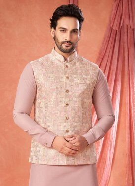 Art Silk Kurta Pajama With Jacket with Woven Work in Pink for Festival