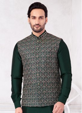 Embroidered Work Art Silk Kurta Pajama With Jacket in Green for Men