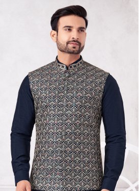 Art Silk Kurta Pajama With Jacket with Embroidered Work in Navy Blue for Festival