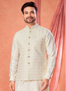 Off White Art Silk Kurta Pajama With Jacket with Embroidered Work for Festival