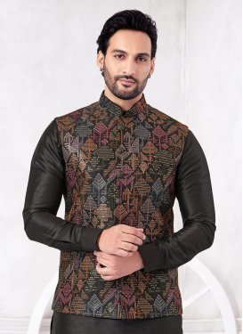 Art Silk Kurta Pajama With Jacket in Black with Embroidered Work for Festival