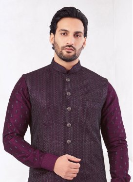 Art Silk Kurta Pajama With Jacket with Embroidered Work in Purple for Festival