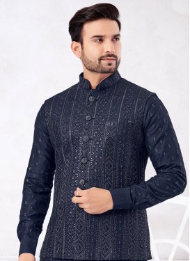 Art Silk Kurta Pajama With Jacket with Embroidered Work in Navy Blue