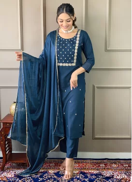 Rayon Readymade Salwar Suit with Embroidered Work in Teal for Ceremonial