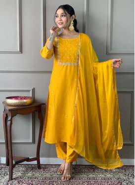 Rayon Readymade Salwar Suit with Embroidered Work for Women in Yellow