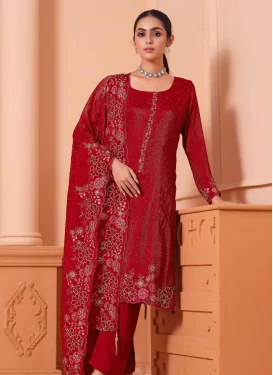 Fancy Fabric Straight Suit with Embroidered Work in Red for Party