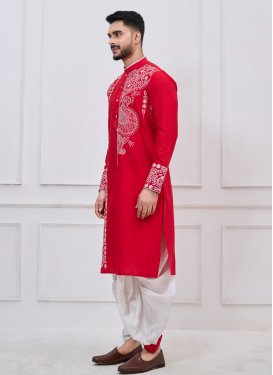 Viscose Dhoti Kurta in Red with Embroidered Work for Men