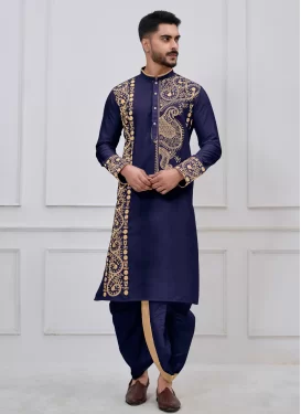 Viscose Dhoti Kurta with Embroidered Work for Men in Navy Blue