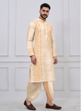 Viscose Dhoti Kurta with Embroidered Work for Men in Cream
