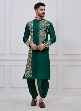 Viscose Dhoti Kurta with Embroidered Work in Bottle Green