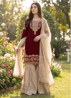 Fendi Silk Sharara Suit with Embroidered Work for Women in Beige and Maroon