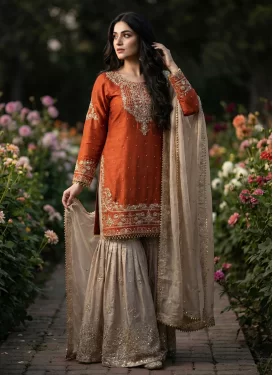 Fendi Silk Sharara Suit with Embroidered Work for Ceremonial in Beige and Orange
