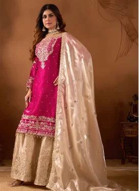 Fendi Silk Sharara Suit with Embroidered Work in Beige and Rose Pink
