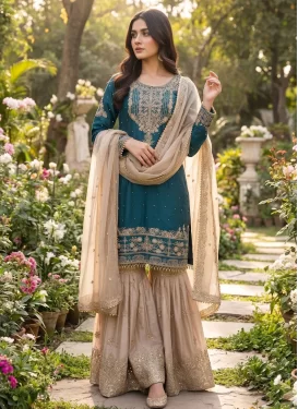 Beige and Teal Fendi Silk Embroidered Work Sharara Suit for Women