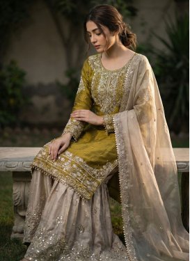 Fendi Silk Sharara Suit in Beige and Olive with Embroidered Work for Ceremonial