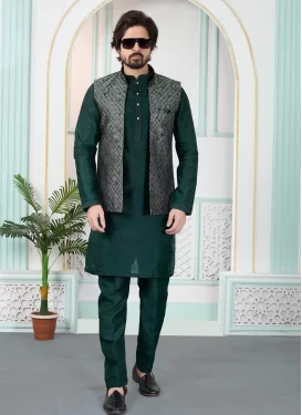 Bottle Green Art Silk Kurta Pajama With Jacket with Woven Work for Party