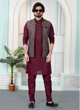 Art Silk Kurta Pajama With Jacket in Crimson with Woven Work for Festival