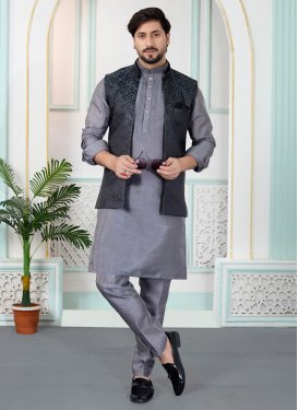 Lavender Art Silk Kurta Pajama With Jacket with Woven Work for Festival