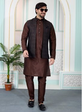 Art Silk Kurta Pajama With Jacket in Brown with Woven Work for Festival
