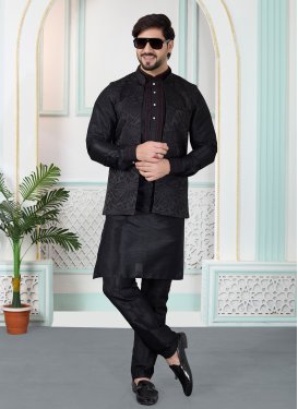 Art Silk Kurta Pajama With Jacket with Woven Work in Black