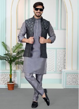 Woven Work Art Silk Kurta Pajama With Jacket in Black and Grey for Men