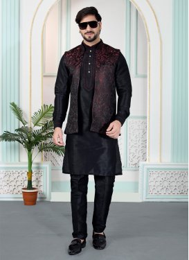 Art Silk Kurta Pajama With Jacket in Black with Woven Work for Festival