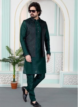 Woven Work Art Silk Kurta Pajama With Jacket in Green for Festival