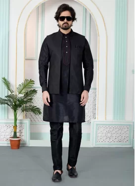 Black Art Silk Woven Work Kurta Pajama With Jacket for Men