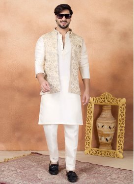 Art Silk Kurta Pajama With Jacket in Off White with Woven Work for Festival