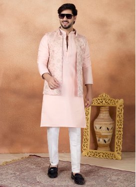 Art Silk Kurta Pajama With Jacket with Woven Work in Salmon